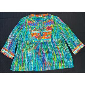 John Mark Embroidered Printed Split V-Neck 3/4 Sleeve Tassels Tunic Women's Med.